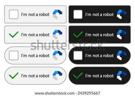 Captcha. Im Not a Robot. Robot verification recaptcha. Captcha with buttons for start testing. Computer random captcha test. Vector illustration.