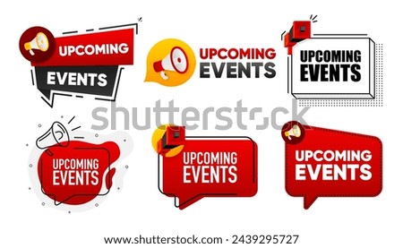 Upcoming Events. Megaphone label collection with text. Marketing and promotion. Vector Illustration.