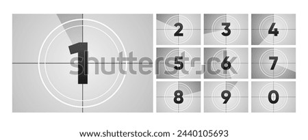 Movie Countdown Frame. Retro design. Old film movie timer count. Vintage cinema. Number count. Vector illustration.