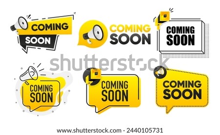 Coming Soon. Megaphone label collection with text. Marketing and promotion. Vector Illustration.