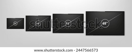 TV Screen Sizes. Smart TV icon collection. Diagonal screen size in 32, 42, 52 and 65 inches. Computer monitor. Vector illustration.