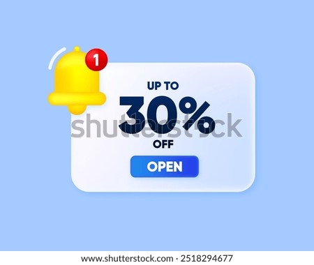 3D Discount Message. Sale 30 Percent Off Discount. Speech bubble with bell. Promotion price offer sign. Vector illustration.