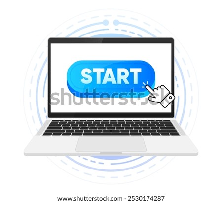 Start button on screen device. Level UP. Futuristic screen blue background. Arrows can be turn into motion graphics. Vector illustration.