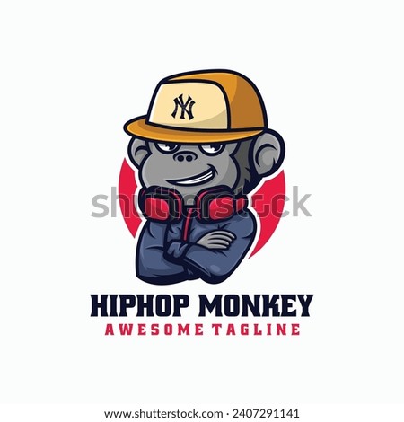Vector Logo Illustration Hip Hop Monkey Mascot Cartoon Style.