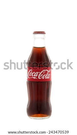 Thailand ,Sukhothai-January 12, 2015:Photo of 25 milliliters size of Coca-Cola.Coca-Cola is the most popular favorite carbonated beverages.