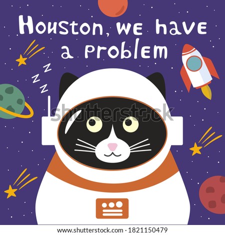 Сute black and white cat astronaut in a space suit on a cosmic purple background. Postcard. Doodle flat illustration vector.