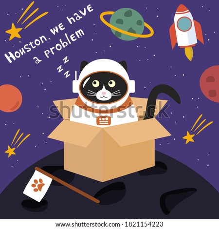 Сute black cat astronaut in a space suit sitting in a box. On a cosmic purple background. Postcard. Doodle flat illustration vector.