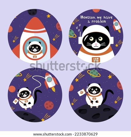 Cute black cat astronaut in a space hand drawn vector illustration. Isolated funny feline animal character in the galaxy for kids icon or stickers.