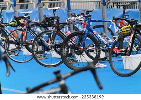 STOCKHOLM - AUGUST 23, 2014: Lots of bicycles in the transition zone prepared for the triathlon competition the ITU World Triathlon series event August 23, 2014 in Stockholm, Sweden