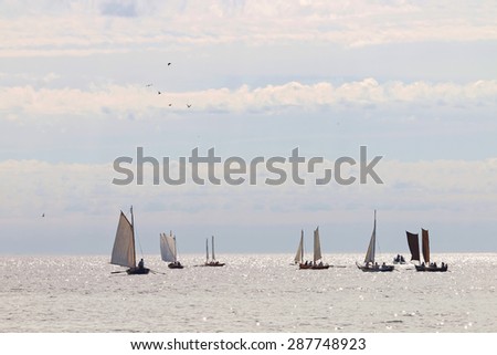 GRISSLEHAMN - JUN 13, 2015: Group of old sailing ships sailing towards the horizon from Grisslehamn (Sweden) to Eckero (Aland) in the public event Postrodden, June 13, 2015 in Grisslehamn, Sweden