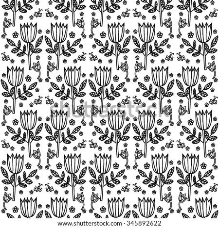 Floral vector monochrome background. Seamless pattern with hand drawn flowers. Move: horizontal - 100 px, vertical - 500 px