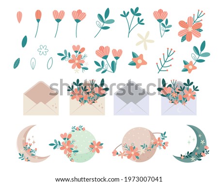 Blossom vector flower with leafs, branches and twigs. Set floral illustration. Collection with flowers for invitation