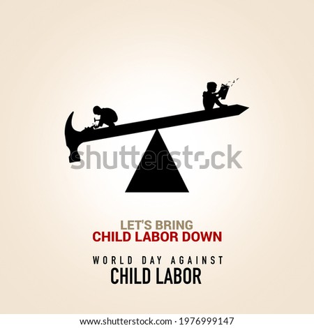 World day against Child Labor. Anti child labor day. Pen, Pencil, and hammer with Children are working on one side and reading books on the other side. Let's bring child labor down. Light Isolate view