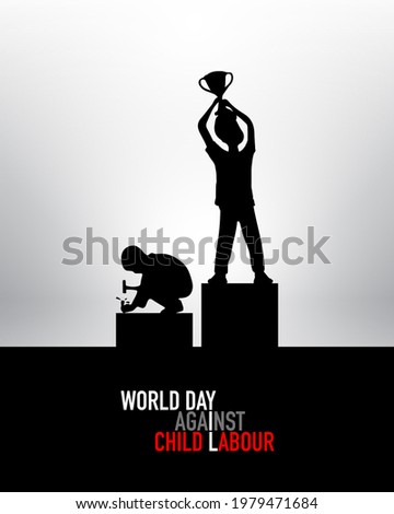 World day against Child Labor. Anti child labor day. Let's bring child labor down. Kids working one side and another side kids win the cup. Stop Child Labour. Light Background, isolate view.