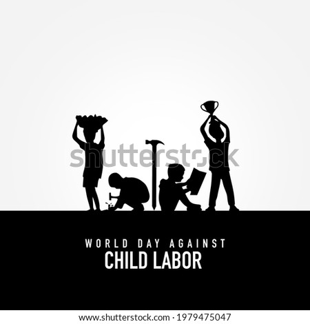 World day against Child Labor. Anti child labor day. Let's bring child labor down. Kids working one side and another side kids win the cup. Stop Child Labour. Silhouette kids with hammer, pen, pencil.