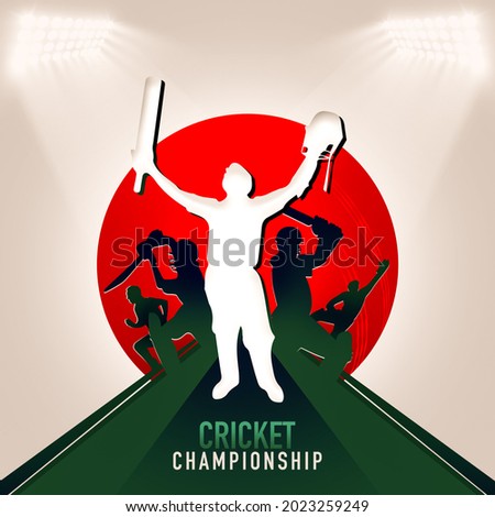 Illustration of batsman and bowler playing cricket championship sports. Cricket championship concept. Abstract art of player with red and green field. World cricket-winning team. Cricket match. Team
