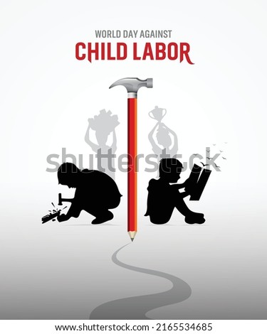 World day against Child Labor. Anti child labor day. Let's bring child labor down. Kids working on one side and on another side kids win the cup. Stop Child Labor. Hammer, pen, pencil, Vector art. 商業照片 © 