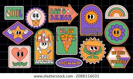 Fun groovy retro clipart elements set. 70s, 80s, 90s cartoon style. Patches, pins, stamps, stickers templates. Funny cute comic characters. Abstract trendy, vintage, nostalgic aesthetic background Imagine de stoc © 