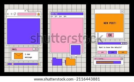 Linear vaporwave Ig stories templates. Social media set design. Abstract retro aesthetic groovy backgrounds pack 70s, 80s, 90s style. Retro PC windows interface