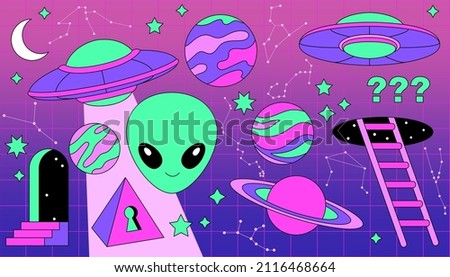 Vector set of space elements. UFO, Alien, space ship, planets, stars, constellations, cosmos. Comic cartoon illustrations, neon colors, gradient checkered background.