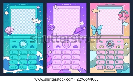 Cute old flip phone backgrounds set. Kawaii stories templates. Social media frames set. 2000s aesthetic, nostalgia vector design, Y2K girly style