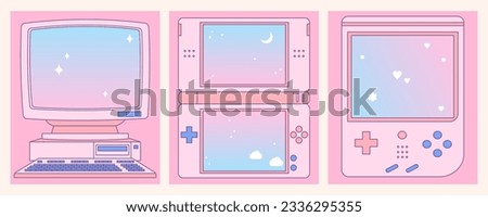 Kawaii memo pad with retro computer, game consoles. Pink cute note pad. Trendy, nostalgic, colorful style 90s. Stories and post frame template. Social media design.