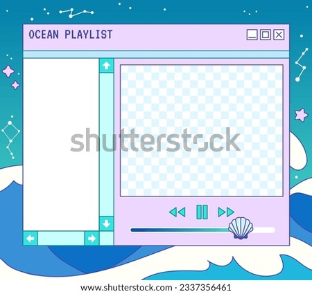 Kawaii memo pad with ocean waves and night sky. Dreamy cute note pad. Linear vaporwave retro pc window. Trendy, nostalgic, colorful style 90s. Stories and post frame template. Social media design.