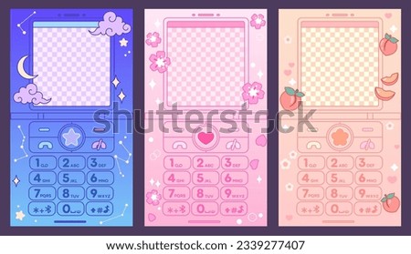 Cute old flip phone backgrounds set. Kawaii stories templates. Social media frames set. 2000s aesthetic, nostalgia vector design, Y2K girly style. Night sky, Cherry blossom, Peach art.