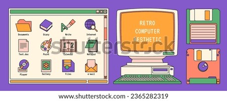 Set with retro pc elements, user interface, icons, computer, floppy disk. Abstract old aesthetic background. Linear vaporwave desktop wallpaper. Trendy, nostalgic, colorful style 90s, 00s. 