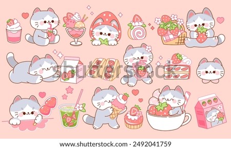 Cute little cats sweets. Strawberry desserts and drinks, fruit milk and sweet food. Cartoon stickers, Animal character design tidy vector isolated set. Kawaii style collection.