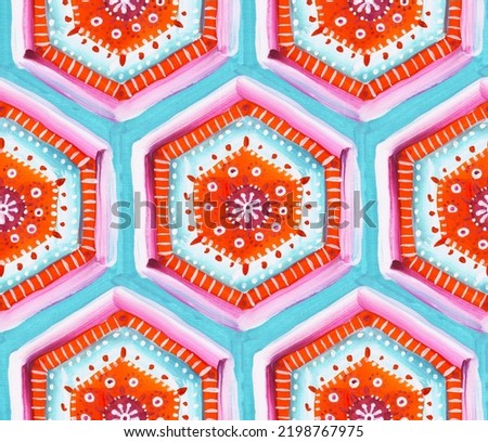 Seamless pattern of hexagonal elements. The colors used are mint, pink, orange and purple. Drawn in gouache in an expressive style . The texture of the paper and strokes of paint are visible. Foto d'archivio © 