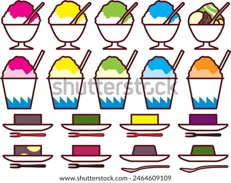 Illustration set of various shaved ice and yokan