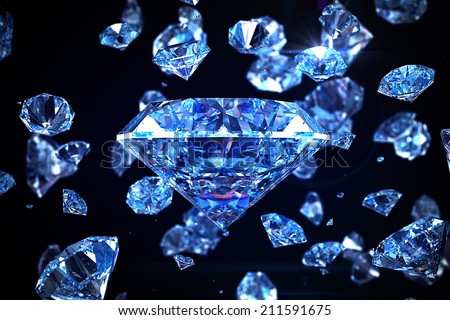 Glittering blue luxury diamonds on black background with depth of field.