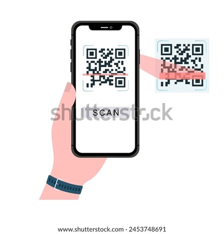 Holding smarphone scanning qr code vector. Smartphone in hand. Smartphone icon on white background illustration. Flat Icon Mobile Phone, Handphone. Cartoon hands hold smartphones with empty screens.