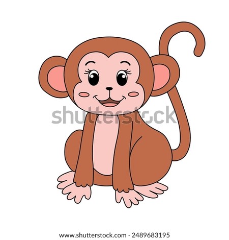 Cute Monkey Cartoon. Monkey Coloring Page. Animal outline for monkey. Monkey Cartoon Character Outline for Coloring. Jungle wild animals baby little monkeys. 