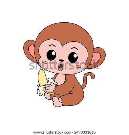 Monkey on a white background eats banana vector. Monkey Eating Banana. Cute Monkey Coloring Pages. Monkey Cartoon Character Outline for Coloring. 