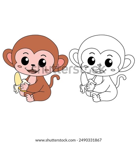 Monkey on a white background eats banana vector. Monkey Eating Banana. Cute Monkey Coloring Pages. Monkey Cartoon Character Outline for Coloring. 