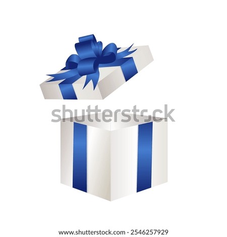 Realistic Gift box for holiday, celebration and special sales offer. Open white gift box with blue silky ribbon bow. Christmas or birthday gift box with silky ribbon bow isolated on white background. 