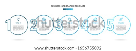 Minimal Modern Minimalist Business Infographics template with circle shape. 5 steps / option timeline with icons. For presentation, process, diagram, workflow, chart. Vector with blue, white color 