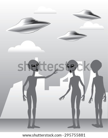 UFO in the sky Aliens On the ground Vector