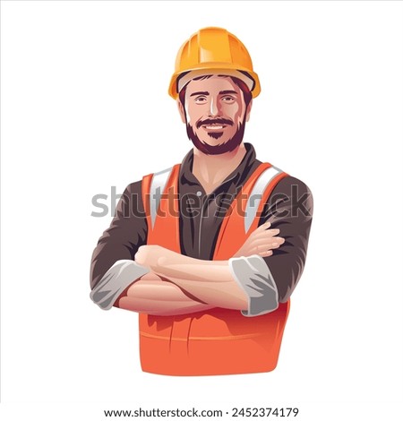 modern illustration of a worker wearing a helmet and work safety vest folding his arms across his chest with confidence