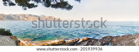 Panoramic view of azure sea coastline. Paloma beach, France.