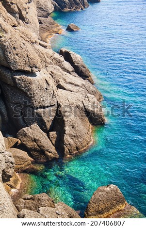Rocky coast with clean blue see-through water. Portofino, Italy