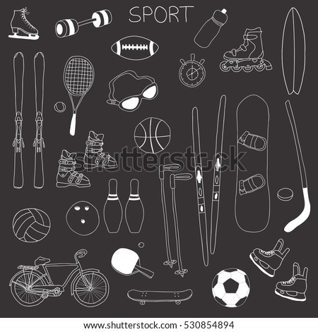 Vector set of outline hand drawn sport themed doodle illustrations on a chalkboard