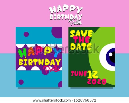 Set of two cute color monsters invitation cards. cartoon illustration
