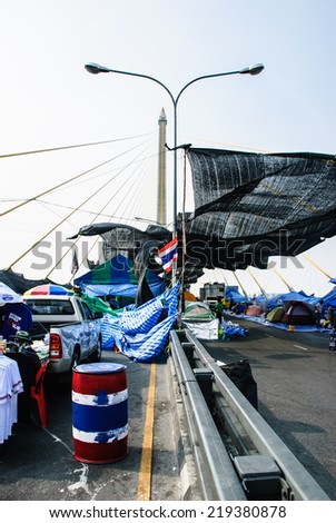 Bangkok, Thailand -?? Jan 23: Thai anti-government protesters camp on the Rama 8 bridge on Jan 23, 2014 Bangkok, Thailand.