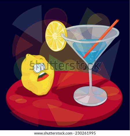 Cartoon lemon looking at cocktail. Scared character. Emotions. At the night club. Party. Funny style. Use for party flyers and web design. Cartoon vector illustration.