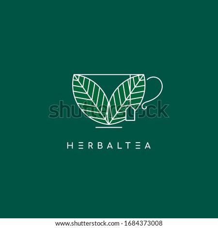 Herbal Tea logo design. Symbol of organic and healthy food with leaves and flowers. Cup of hot tea for company that work on healthy drinks.  Linear emblem of mug with leaves - Vector