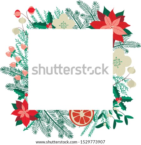 Vector floral wreath. Cristmas square frame with poinsettia holly ilex and fir branches. Design for greeting cards, digital projects,scrapbooking, invitation, textile, packaging and festive projects. Zdjęcia stock © 