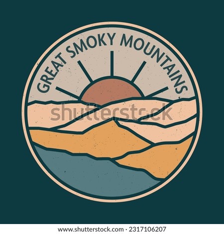 Great Smoky Mountains National Park, mountain sunset retro vector print illustration Line Art